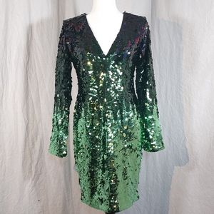 H&M green & black metallic sequin long-sleeved v-neck sheath dress, 6, NWT